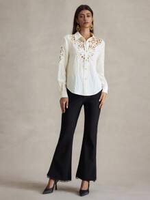 Briarwyn Blusa de manga larga con bajo curvo y encaje de contraste de unicolor, para primavera/verano, verano y playa, 4 de julio, aeropuerto - Albaricoque - Ver 7