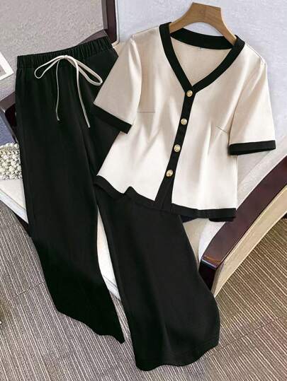 SHEIN PETITE 2 件女式夏季短袖拼色 V 领衬衫和休闲裤套装