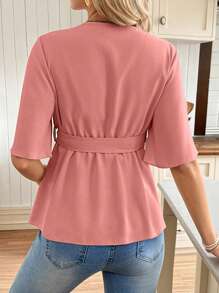 SHEIN V-Neck Blouse With Ruffle Hem And Belt For Maternity