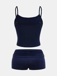 Girlism 2 件套少女女孩春夏、新年、情人节“干净女孩”造型，海军蓝无袖背心和短裤，休闲纯色夏季度假风格假日装，灰色/复古 - 藏蓝色 - 查看 2