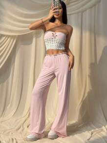 SHEIN EZwear 女士纯色长裤，夏季时尚 - 粉色 - 查看 6