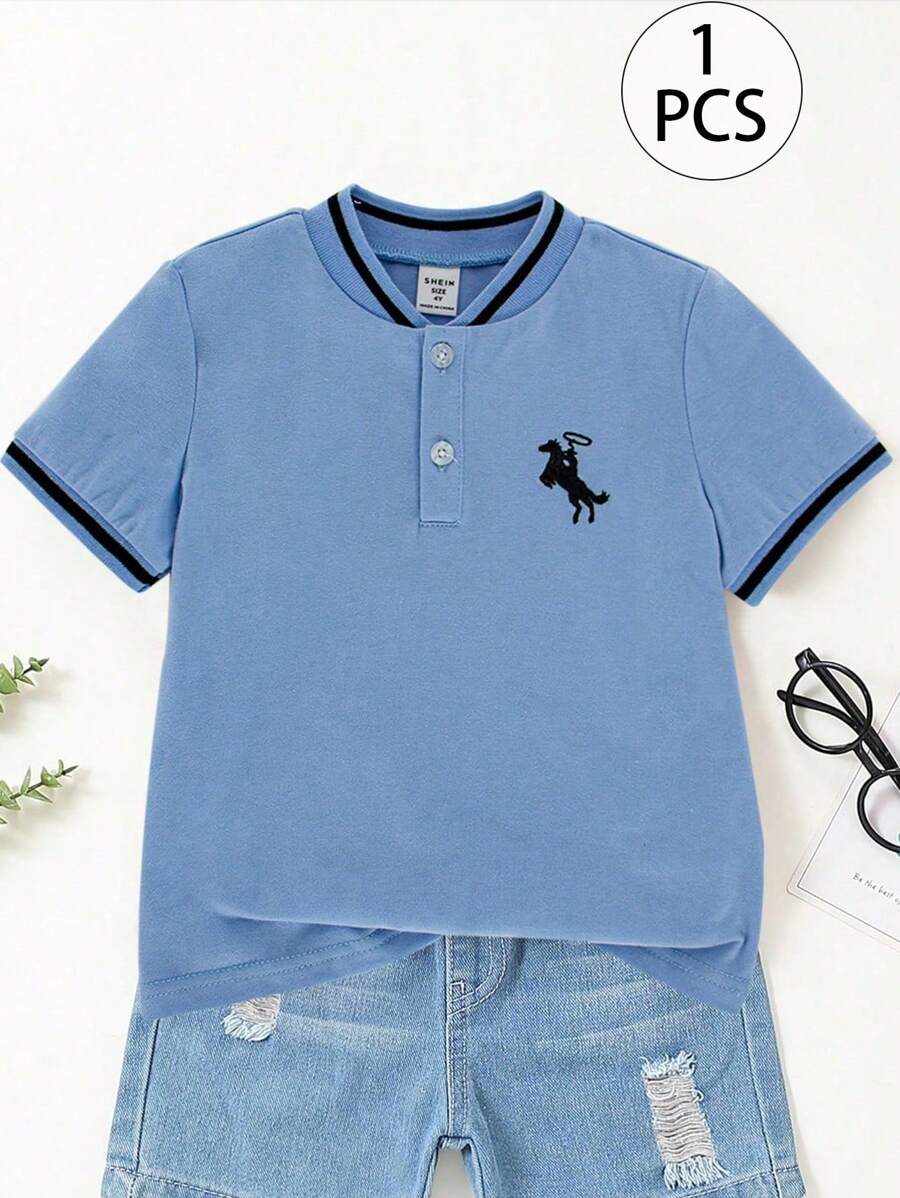 SHEIN Camisa polo de manga corta con cuello medio abierto, bordado de caballo, estilo deportivo casual colegial. Versátil, cómoda para salidas, escuela, reuniones, hogar. Adecuada para primavera, verano, escapadas, vacaciones, viajes, relax, tomar el sol. - Azul - Ver 1