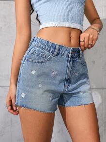 SHEIN EZwear Women Daisy Embroidery Frayed Hem Denim Shorts, Summer Casual