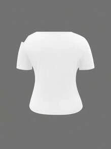 INAWLY Plus Size Plain Short Sleeve T-Shirt, Fashionable For Summer Fall Top For Women - White - View 2