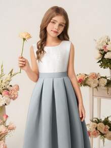 女童缎面 A 字形公主裙，无袖圆领，优雅连衣裙，适合婚礼活动、生日派对、节日、花童和伴娘 - 霧霾藍 - 查看 3