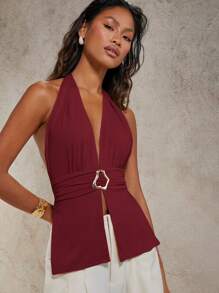 COSMINA Abito elegante da donna con scollo a V profondo e fibbia in metallo, adatto per primavera/estate
