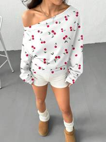 SHEIN EZwear 女款秋冬櫻桃印花不對稱肩設計極簡風衛衣 - 彩色 - 查看 4