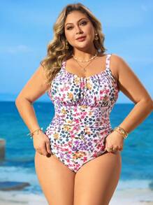 Swim Lushoire Traje de baño de una pieza con estampado floral pequeño talla grande, ropa de playa
