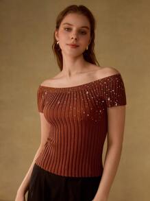 MOTF PREMIUM STRASS SLIM FIT KURZARM STRICKOBERTEIL - Kaffeebraun - Übersicht 4
