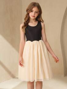 Girls' Knitted Vest With Net Mesh Ruffle Skirt, Elegant Tutu Dress Suitable For Weddings, Parties, Flower Girl, Bridesmaids, Princesses - Black - View 1
