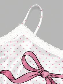 DOMINATE Y2k Women's Summer Sexy Lace Polka Dot & Bow Print Knit Camisole And Shorts 2 Pieces Set - Pink - View 3