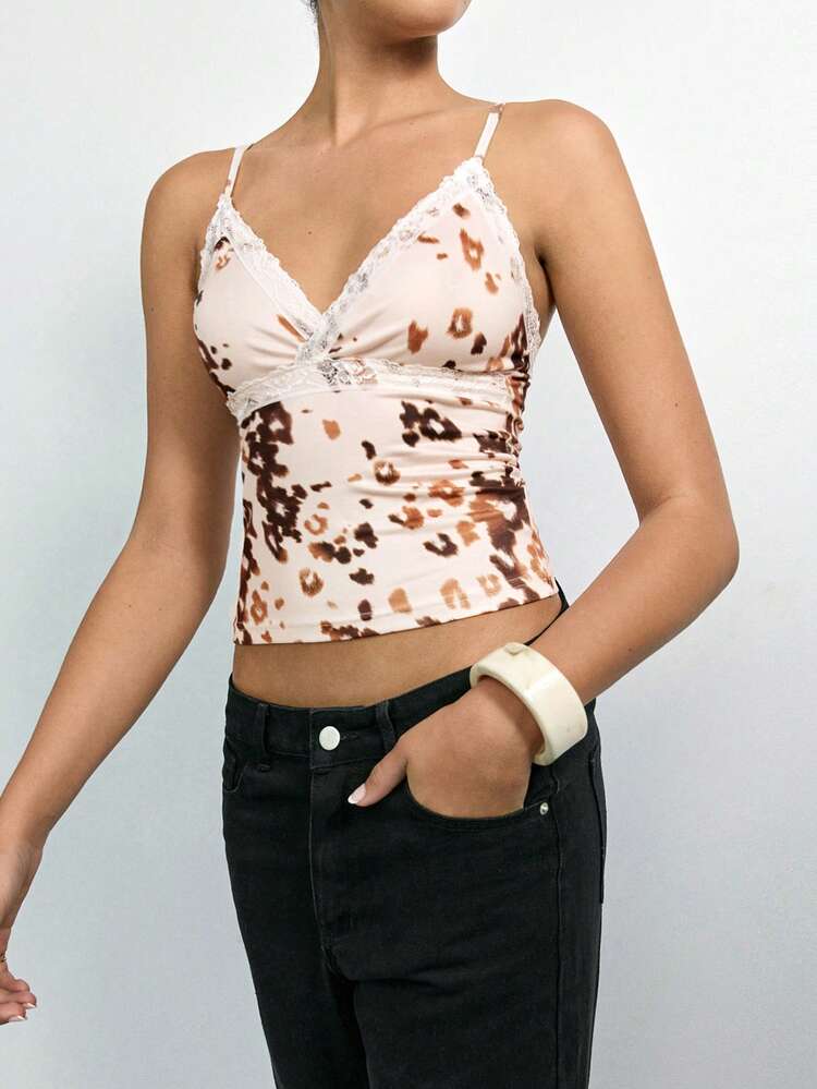 SHEIN Maija 2025 New Summer Leopard Print Sleeveless Cami Top, Sexy Lace Patchwork Adjustable Spaghetti Strap Casual Tank Tops For Women, Elegant Chic For Commuting, Party, Beach, Music Festival, Office, Graduation, Going Out