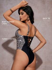 SHEIN Swim 1 件女式性感印花系带连体泳衣（带钢圈聚拢） - 彩色 - 查看 2