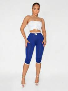 Sirith 女式蓝色蕾丝边蝴蝶结装饰修身打底裤，夏季