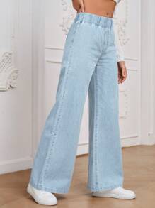 EMERY ROSE Women Loose High Waist Wide Leg Woven Casual All-Match Versatile Black Jeans, Suitable For All Seasons - Light Wash - View 5