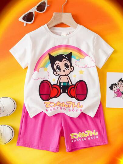 Astro Boy X SHEIN Young Girl Rainbow & Cartoon Graphic Cute Dropped Shoulder Loose Short Sleeve T-Shirt And Shorts Sweet Summer Outfit