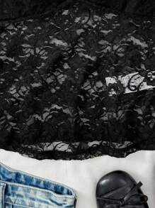 SHEIN 少女款黑色可爱蕾丝 V 领半透明蕾丝衬衫，学院风，优雅短袖蕾丝上衣 - 黑色 - 查看 5