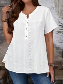 EMERY ROSE Áo thun nữ cỡ lớn, màu trơn, thêu họa tiết, kiểu dáng thường ngày, cổ chữ V, tay ngắn, thích hợp mặc mùa hè, đi nghỉ mát, phong cách boho, mùa xuân. - trắng - Xem 6