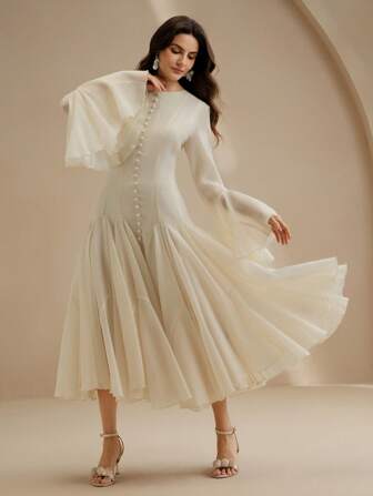 Anewsta Elegantes milchweißes A-Linien-Kleid mit langen Ärmeln und Knopf-Dekor Glockenärmel