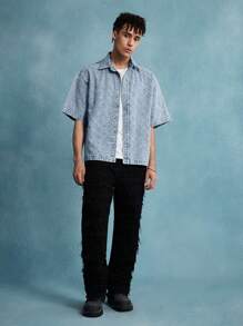 ROMWE MEN Casual 男士夏季格子短袖单排扣休闲牛仔衬衫 - 藍色 - 查看 7