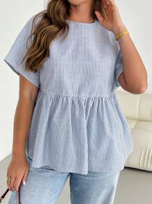 SHEIN Essnce 大码女装春夏时尚宽松休闲舒适日常修身蓝白条纹短袖娃娃衫、工作上衣、女式衬衫、曲线可爱上衣