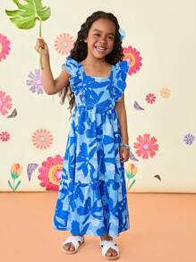 Vestido informal de gasa con estampado floral diminuto y volantes en el bajo para niñas jóvenes