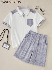 SHEIN Completo bambino da 2 pezzi, composto da polo a quadri e pantaloncini