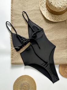 Swim SXY 女式夏季纯色定位印花细肩带性感连体泳衣 - 黑色 - 查看 4