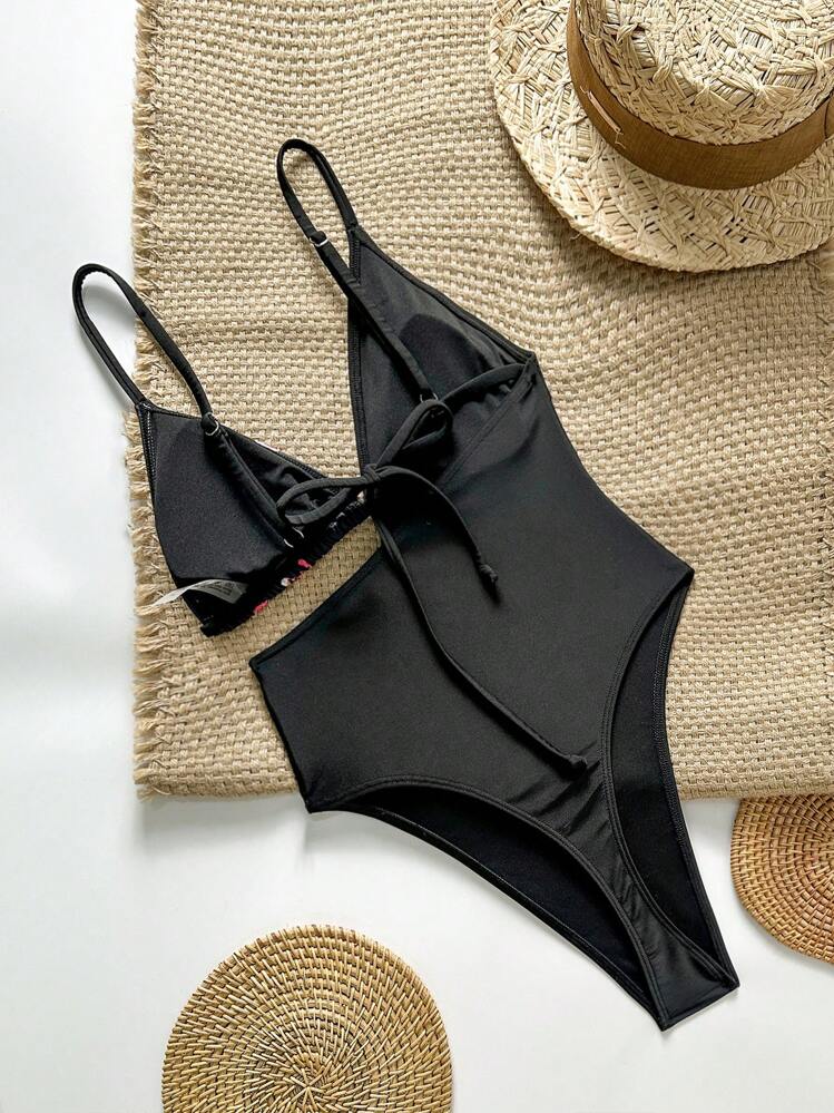 Swim SXY Women's Summer Solid Positioning Print Spaghetti Strap Sexy One-Piece Swimsuit - Black - View 4