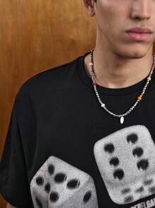 SWAVVY 1 件男士 Y2K 趣味休闲超大高街复古风格创意骰子天使麦当娜油画印花黑色针织 T 恤，夏季 - 黑色 - 查看 7