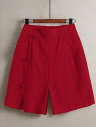 Linhara Plus Size Women's Summer Linen Casual Shorts, Elastic Waist Round Hem Side Slit Chinese Knot Decor Button Shorts