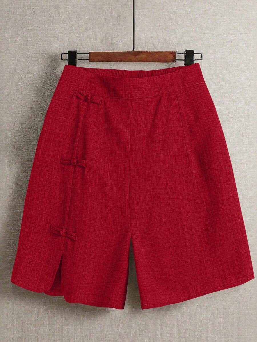 Linhara Plus Size Women's Summer Linen Casual Shorts, Elastic Waist Round Hem Side Slit Chinese Knot Decor Button Shorts