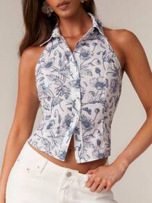 Athîral Blusa senza maniche con stampa floreale e chiusura monopetto a collo alto, adatta per le vacanze - Multicolore - Visualizzare 1