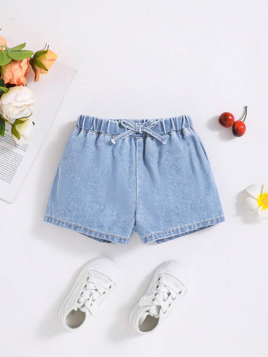 SHEIN Shorts en jean lavé décontractés pour jeunes filles avec décoration de nœud, été - Jean clair - Voir 1