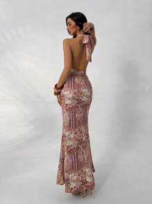 Aloruh Women's Spring/Summer Resort Boho Paisley Print Patchwork Deep V Neck High Slit Bodycon Dress - Multicolor - View 2