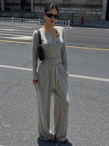 DAZY 2pcs/Set Solid Color Long Sleeve Suit For Women Y2k Tracksuits Women Set Lounge Sets For Women - Khaki - View 3