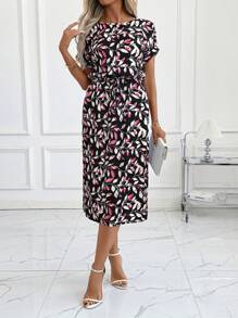 SHEIN Clasi 女士优雅圆领花卉印花束腰中长连衣裙，度假连衣裙 - 黑色 - 查看 5