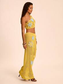 SHEIN BAE 2pcs/Set Girl's Romantic Colorful Floral Print Sleeveless Knit Top & Knitted Blend Skirt - Multicolor - View 6