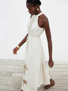 Aveloria Modichic Nuevo vestido sin mangas de lino con bordado de árbol de coco, cinturón de cintura con borlas estilo vintage, estilo de vacaciones francés