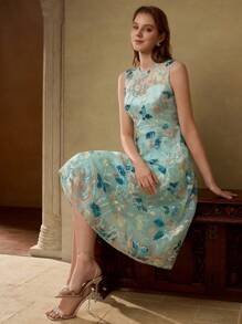 MOTF PREMIUM EMBROIDERY CONTRAST MESH COCKTAIL DRESS