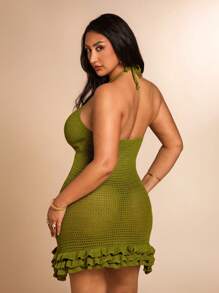 SHEIN BAE 大码女式纯色镂空双层荷叶边下摆性感露背毛衣裙女式连衣裙度假装女式夏装女式毛衣女式夏装女式沙滩装西部装女式毛衣裙女式夏装度假装女式沙滩裙 - 橄欖綠 - 查看 3