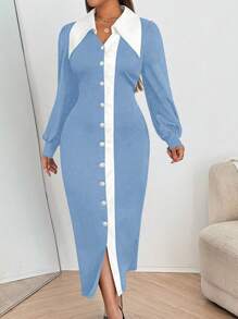 Flirla Strickkleid für große Größen mit Bubble-Ärmeln, Hemdkragen und Knopfleiste - Blau-Weiß - Übersicht 5
