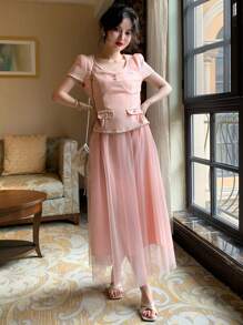 xheDAZY Vestido de media pantorrilla de malla de 2 en 1 para mujer, para primavera/veranoxhe - Rosa - Ver 2
