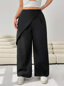 SHEIN EZwear 黑色休闲百搭大码女裤 - 黑色 - 查看 5