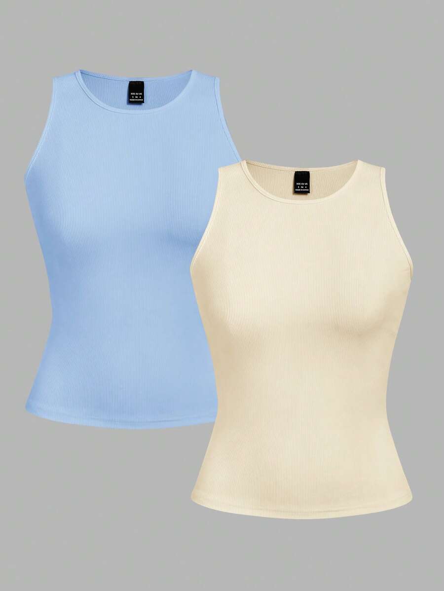 SHEIN EZwear 2 chiếc áo hai dây ngắn màu xanh nhạt và vàng, ôm sát, gợi cảm, thích hợp cho mùa hè. - Nhiều màu - Xem 1