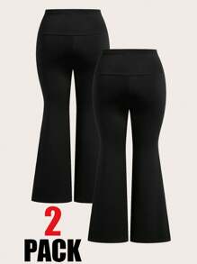 SHEIN EZwear Plus Size Women's Black Flare Pants, Casual & Versatile,Holiday Outfits,Summer,Business Casual Woman,2pcs