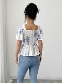 Elenzga Blusa ajustada con estampado floral elegante y volantes en el bajo, estilo casual de oficina/vacaciones romántico para el Día de la Independencia, la graduación y el regreso a la escuela