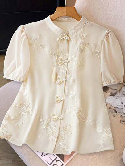 GlowEve CURVE Plus Size Women Button Cuff Embroidered Chiffon Shirt, Ancient Chinese Style Summer Women Clothes  Curve Plus   Vacation Women Clothes   Shein Curve