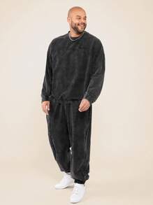 EASEVO 大码男式休闲水洗连帽衫和慢跑裤套装 - 黑色 - 查看 2