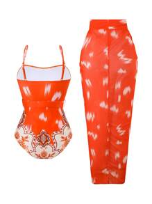 Swim Oasis Bohemian Tropical Print Halter Tie Waist One-Piece Swimsuit With Skirt For Women, Beach Skirt - Multicolor - View 3